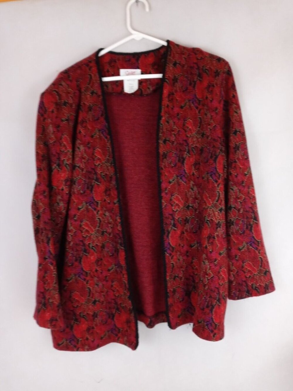 Vintage Graff Women's Red Black & Gold Open Front Floral Sweater Shawl Size 16